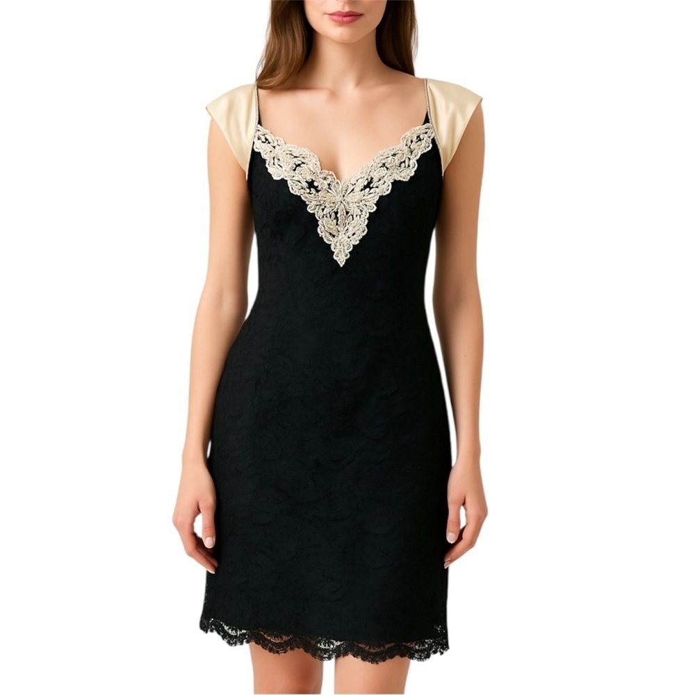 ROBERTA Vintage 90s Lace Beaded Bow Back Midi Prom party Formal Dress Size 9/10